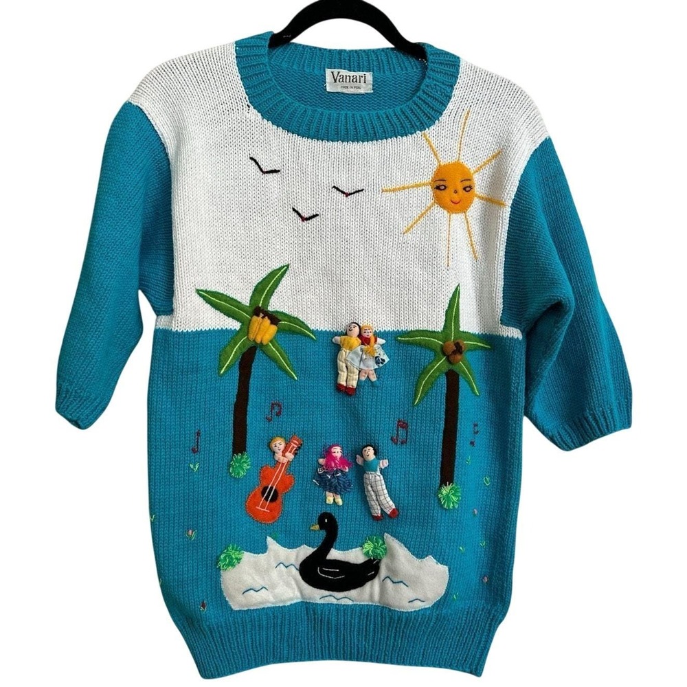 VINTAGE 80s 90s Vanari Made in Peru Arpilleria Storyteller Sweater Turquoise